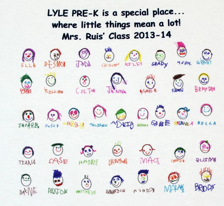 Colorful self-portraits printed on a white class shirt